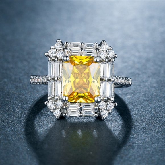 NEW Silver Emerald Cut Citrine Halo Ring - Picture 3 of 4